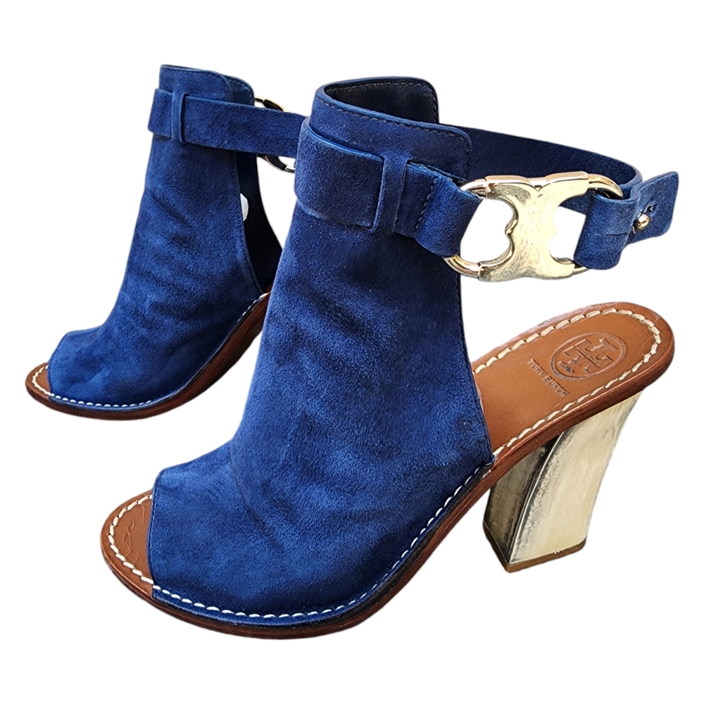 Tory Burch Gemini Link Navy Suede Heeled Ankle Bootie